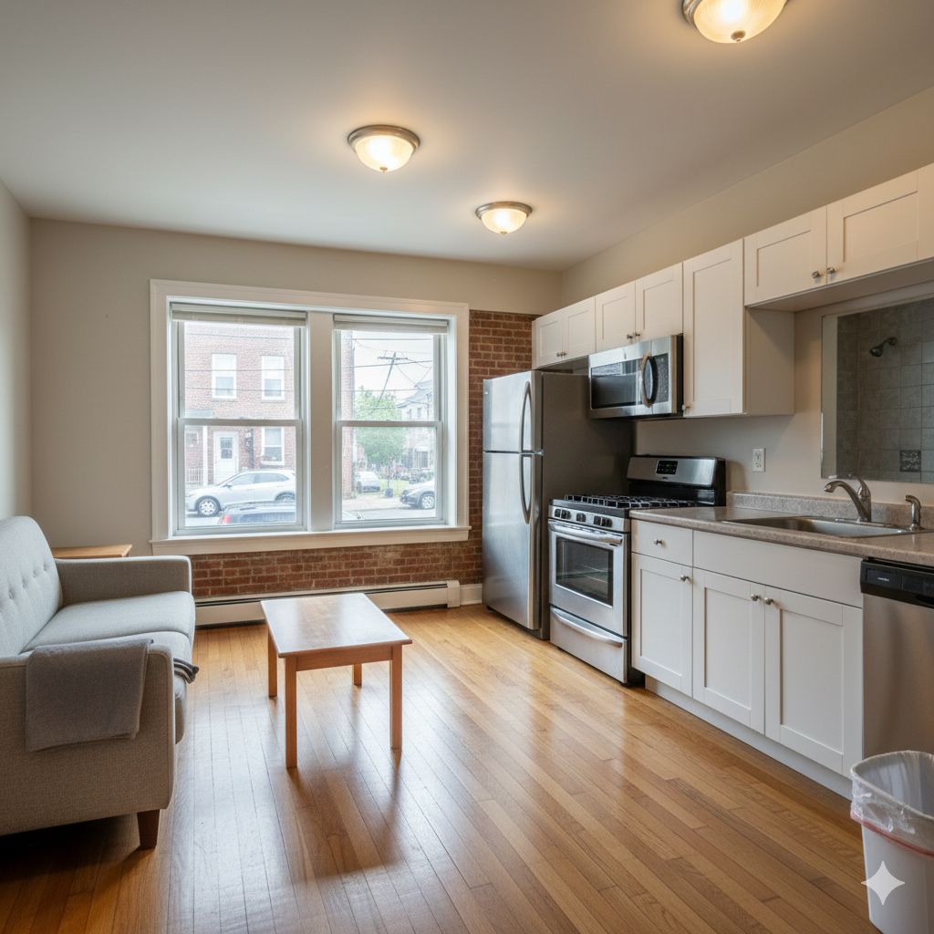 Finished Allston apartment with exposed brick